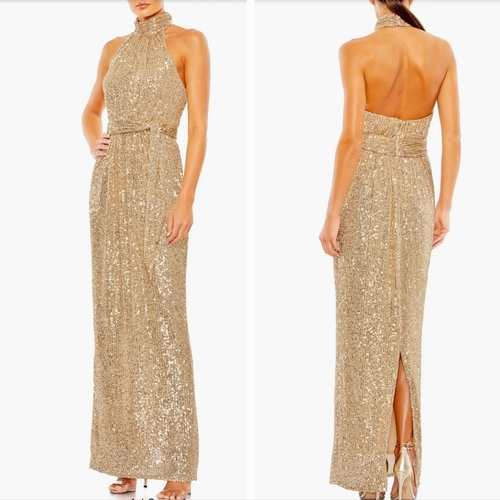 Mac Duggal Glittering Gold Sequin Backless Gown